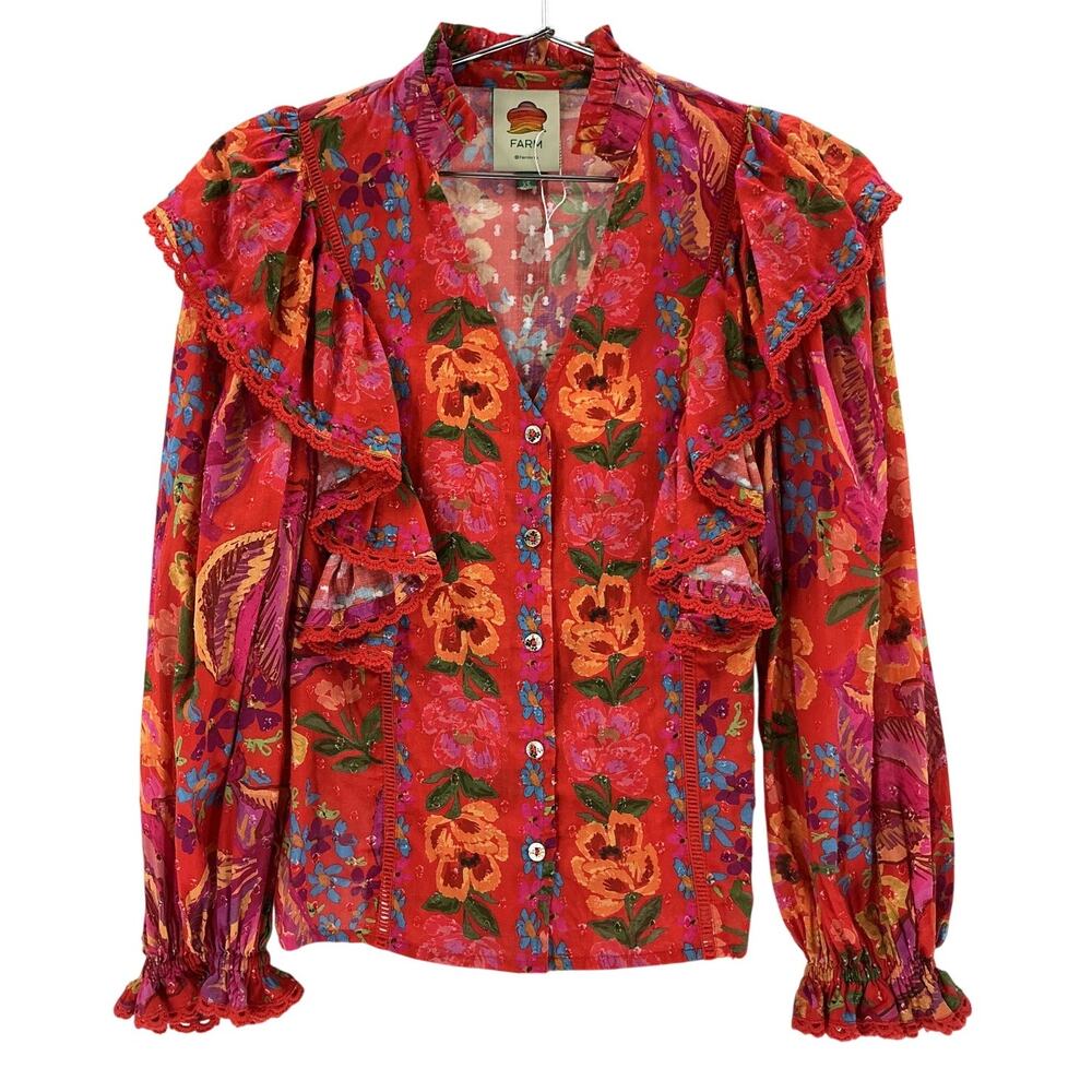 Farm Rio Ruffled Multicolor Spring Bananas Blouse Size XS - Picture 2 of 4